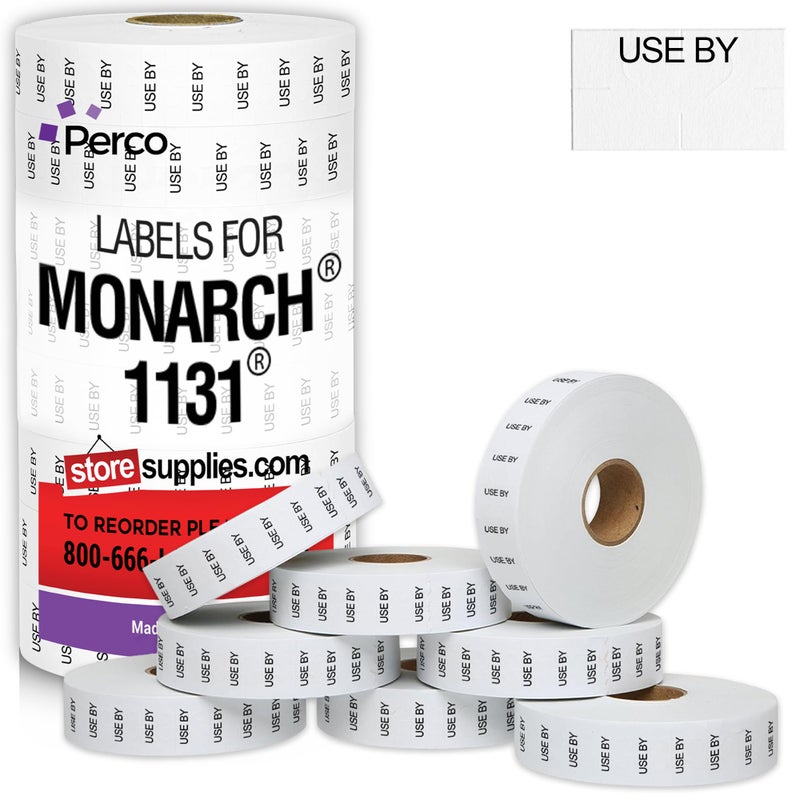 Perco Black Print on White USE by Labels for Monarch 1131 Price Gun - 8 Rolls, 20,000 Marking Labels - Image 1